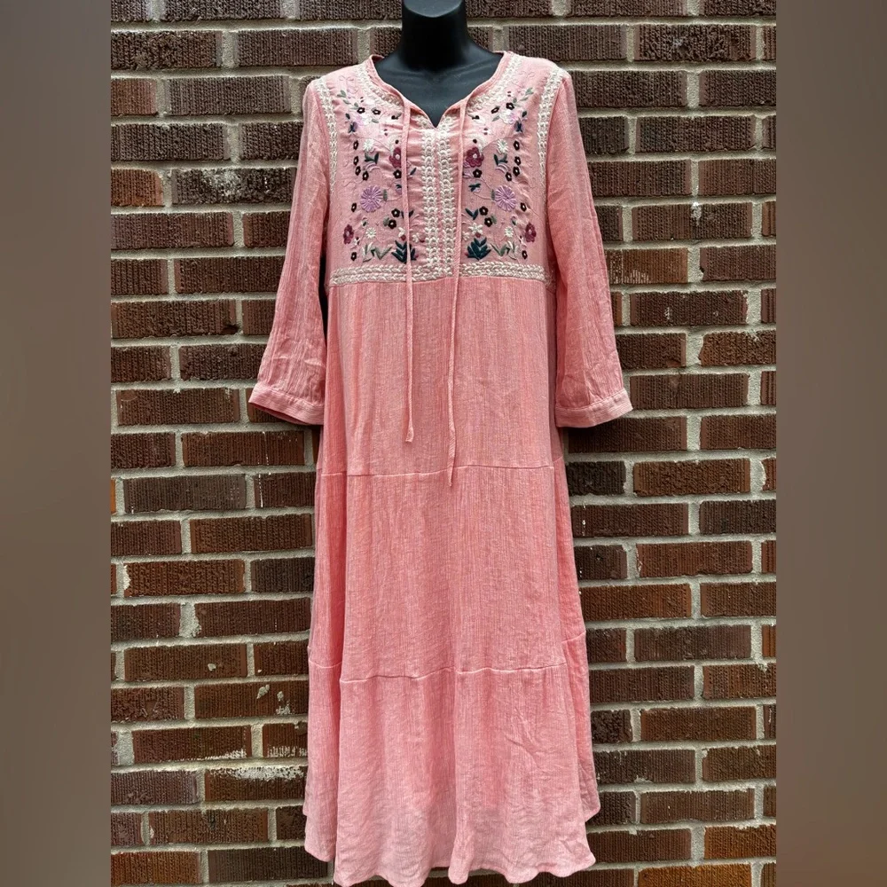 Veveret Embroidered Bohemian Sz L Cottage Prairie Flowy Long Floral Orange Dress